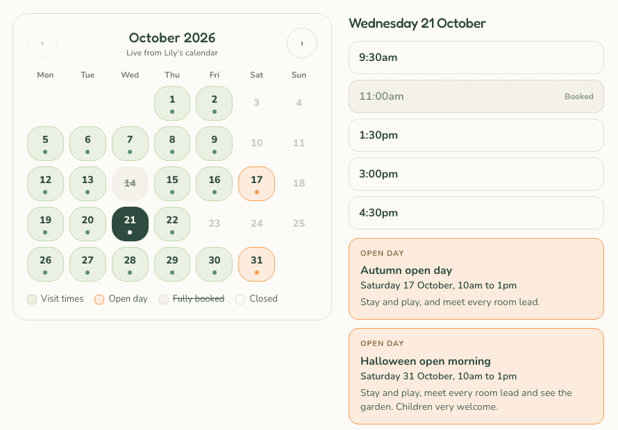 The visit booking calendar on the Lily's Nursery & Daycare site.